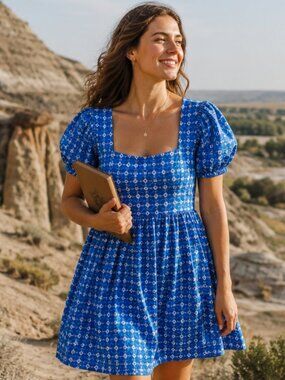Rhode x Target Blue Cotton Square Neck Puff Sleeve Babydoll Mini Dress Womens L